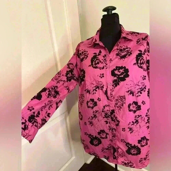 Roamans Womens Plus 14W Bright Fuchsia & Black Floral Cotton‎ Button Down Blouse - Picture 4 of 10